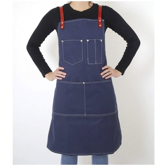 Blue Canvas and Leather Utility Apron with Pockets - Picture 2 of 8